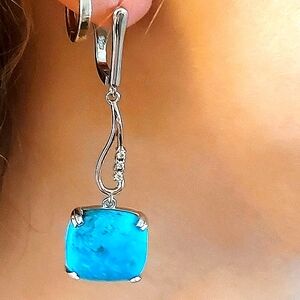 Natural Arizona Turquoise 16mm‎ & Cz 925 Sterling Silver Earrings
